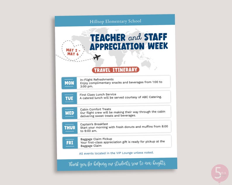 Teacher and Staff Appreciation Week Itinerary Sign Editable Plane Travel Theme Bundle Template image 3