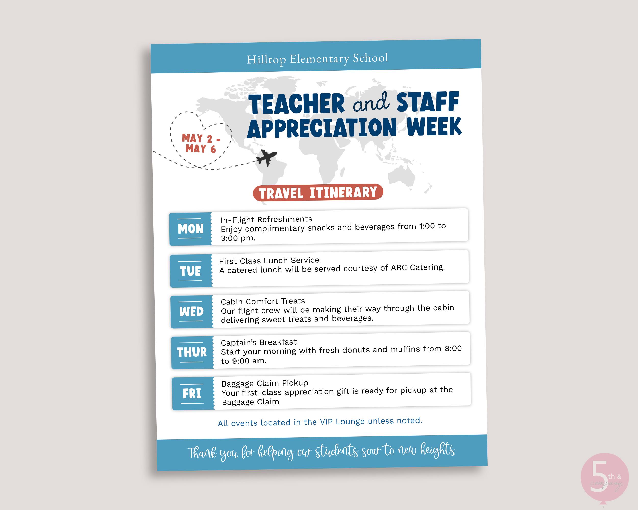 Teacher and Staff Appreciation Week Itinerary Sign Editable Plane ...