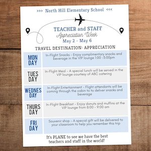 Teacher and Staff Appreciation Week Itinerary Schedule of Events Sign Printable Airplane travel Theme Destination Appreciation