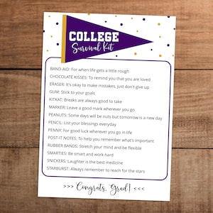 Kit de survie universitaire modifiable aux couleurs de l'école violette et jaune imprimable, cadeau personnalisé pour l'obtention du diplôme de fin d'études secondaires, carte de soins