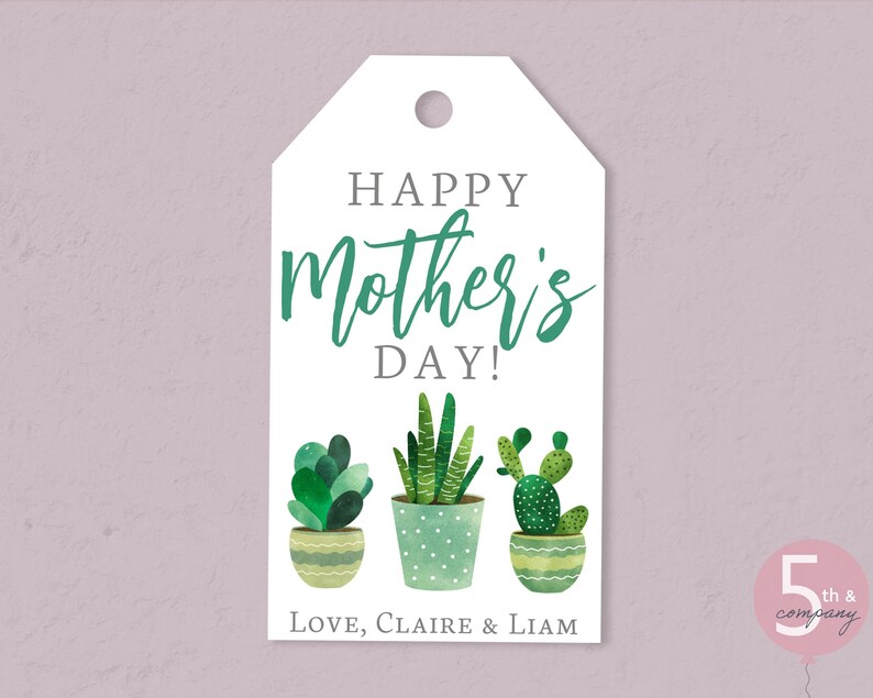 Puede incluir: Etiqueta de regalo blanca con suculentas de acuarela verde en macetas. La etiqueta dice "&iexcl;Feliz D&iacute;a de la Madre! Con amor, Claire y Liam".