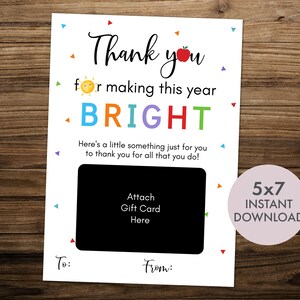 Porte-carte cadeau remerciement pour enseignants et membres du personnel à imprimer Merci d'avoir fait de cette année scolaire un cadeau de fin d'année lumineux