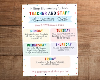 Editable Teacher Staff Appreciation Week Schedule (Rainbow Theme)