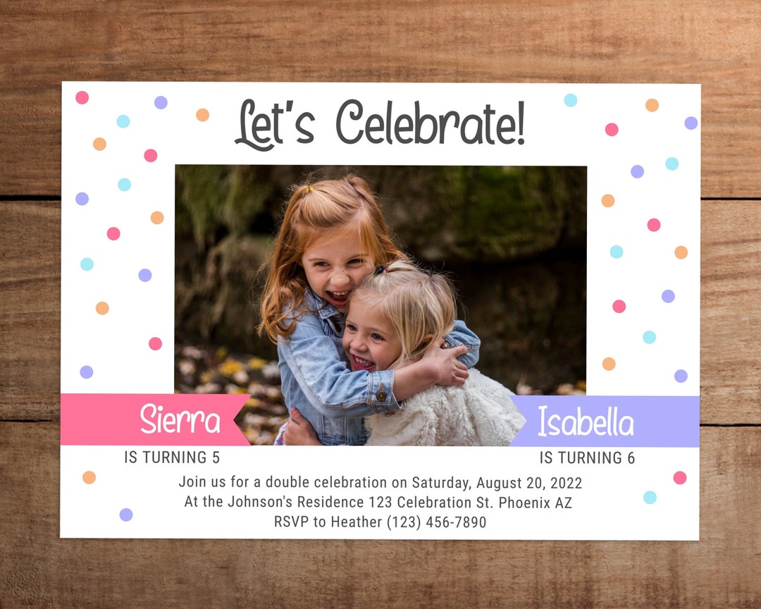 Editable Double Birthday Party Invitation With Photo, Joint Sibling Editable Double Birthday Party Invitation With Photo, Joint Sibling