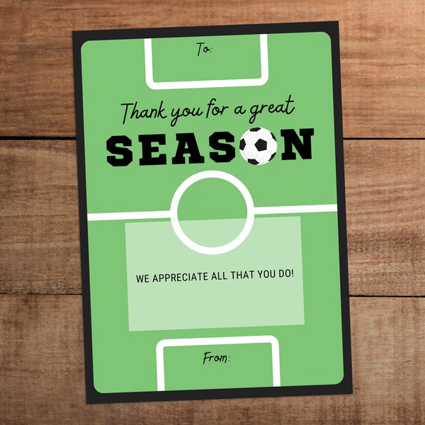 Printable gift card holder for Soccer Coach appreciation, Thank you for a great season, 5x7 Instant download