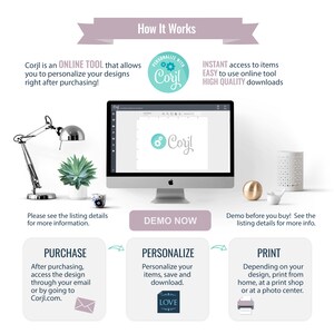 May include: How Corjl works: an online tool that allows you to personalize your designs after purchasing.  The image shows a computer screen with a design editor, a purchase button, a personalize button, and a print button.  The text on the screen says "Corjl".