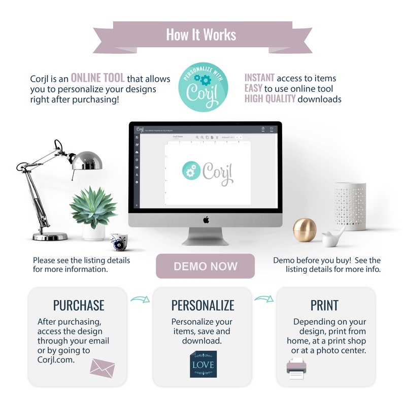 May include: How Corjl works: an online tool that allows you to personalize your designs after purchasing.  The image shows a computer screen with a design editor, a purchase button, a personalize button, and a print button.  The text on the screen says "Corjl".