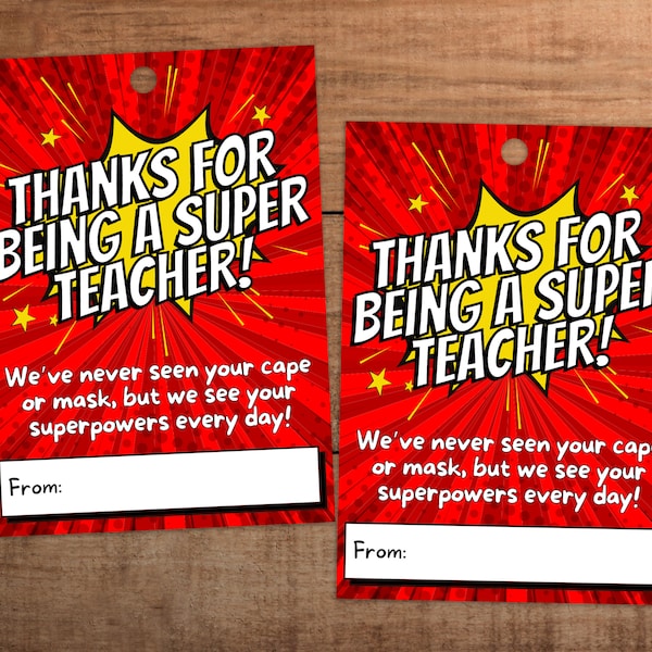 Printable thank you gift tag for teacher appreciation Thanks for being a super teacher Red background color