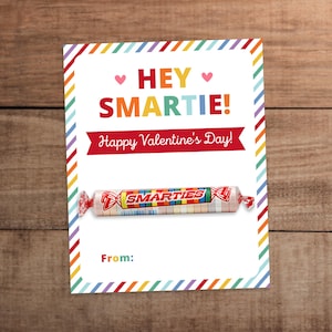 Valentine Smarties Card Printable Kids classroom exchange gift tag Instant download