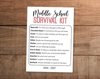 Tarjeta imprimible de kit de supervivencia para escuela secundaria, regalo de regreso a clases, 5x7, descarga instantánea