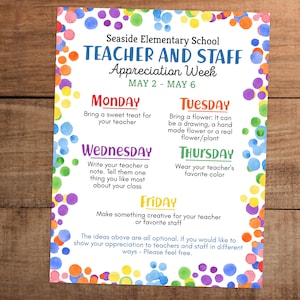 Editable Teacher and staff appreciation week schedule itinerary of events sign printable  Watercolor rainbow theme thank you