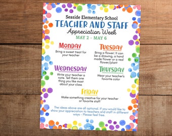 Editable Teacher and staff appreciation week schedule itinerary of events sign printable  Watercolor rainbow theme thank you
