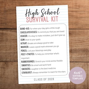 Kit de sobrevivência para ensino médio editável 4X6" cartão para impressão presente de boas-vindas de volta às aulas