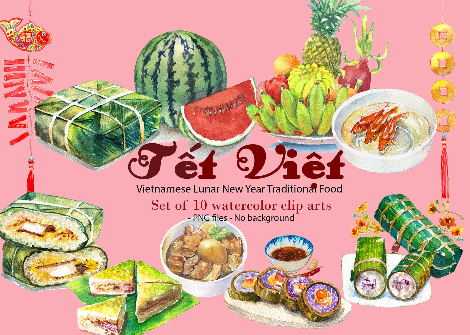 Lunar New Year Vietnam Tết Traditional Food Set of 10 PNG Clip | Etsy