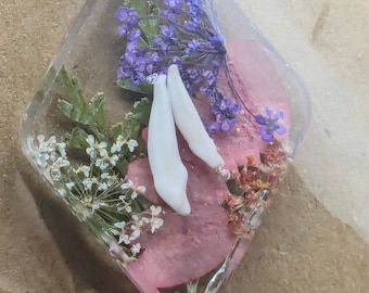 Raccoon Incisor And Flowers Resin Pendant