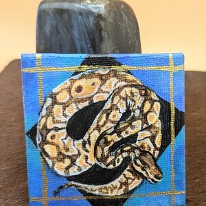 Può includere: Un piccolo dipinto su tela di un serpente arrotolato su uno sfondo a scacchi bianco e nero. Il serpente è di colore marrone chiaro con segni neri e una pancia gialla. Lo sfondo è blu con accenti dorati.