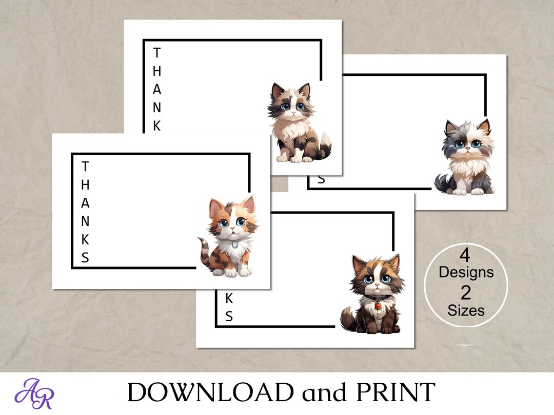 Printable Greeting/note Cards Cat Lovers Thank You Notes Cute Kitties ...