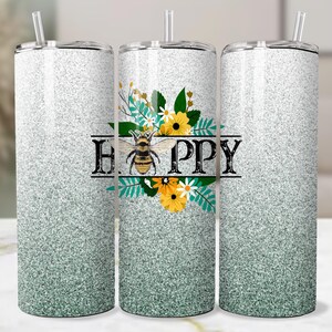 Gobelet mince 20 oz Bee Happy, Gobelet à sublimation design PNG droit dégradé vert dégradé, Wrap fougère fleurs or jaune