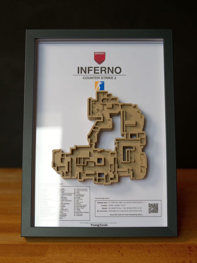 Pode incluir: Obra de arte emoldurada com um mapa impresso em 3D do n&iacute;vel "Inferno" do Counter-Strike 2. O mapa &eacute; bege e est&aacute; sobre um fundo branco. A moldura &eacute; cinza escuro. O texto "INFERNO COUNTER STRIKE 2" &eacute; vis&iacute;vel.