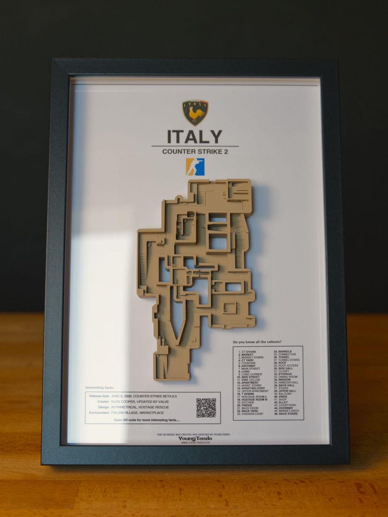 Pode incluir: Obra de arte emoldurada com um mapa 3D do n&iacute;vel "Italy" do Counter-Strike 2. O mapa &eacute; bege e est&aacute; sobre um fundo branco. A moldura &eacute; preta. O texto inclui "ITALY" e "COUNTER STRIKE 2".