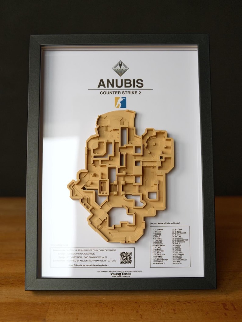 Coleção de Arte de Parede com Mapa 3D de Counter Strike 2 | Decoração para Sala de Jogos CS2 | Presente para Gamer Anubis