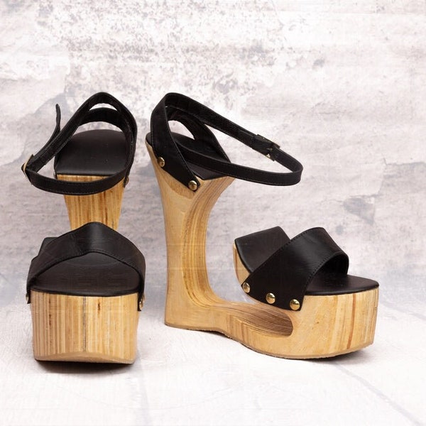 1008 - Exotische handgefertigte High-Heels mit echter Holzsohle und echtem Leder: 42