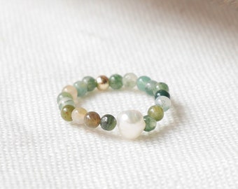 Agate stone ring | Dainty beaded jewelry | Elastic stretch ring with small stone beads | Cute ring gift for woman in green neutral colors