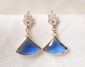 Blue art deco drop earrings - gold-plated brass zircon dangle, something blue bridal jewelry