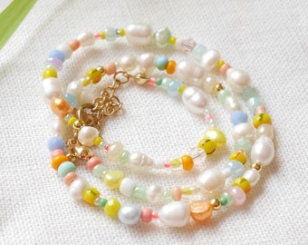 Tropical beads necklace | Exotic colorful beaded choker with pastel color beads | Sultry multicolor seed bead jewelry with freshwater pearls