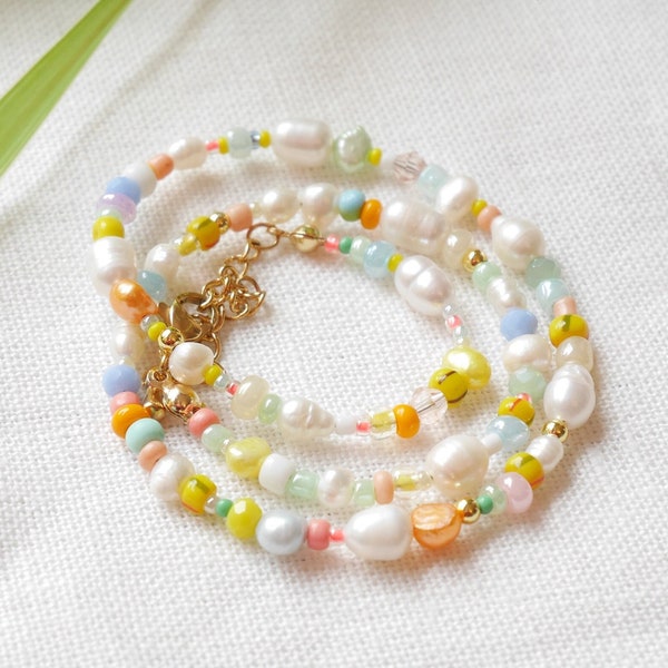 Tropical beads necklace | Exotic colorful beaded choker with pastel color beads | Sultry multicolor seed bead jewelry with freshwater pearls
