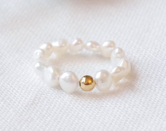 Small pearls ring | Baroque pearls stretch ring | Beaded ring with freshwater pearls | Cute elastic ring with real pearls | Handmade ring