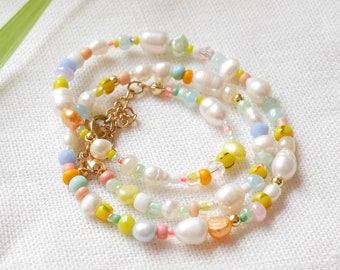 Tropical beads necklace | Exotic colorful beaded choker with pastel color beads | Sultry multicolor seed bead jewelry with freshwater pearls