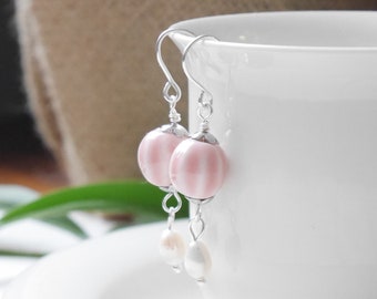 Pink porcelain drop earrings | Sterling silver freshwater pearl earrings | Pretty soft pink ceramic gift for her | Dainty handmade jewelry