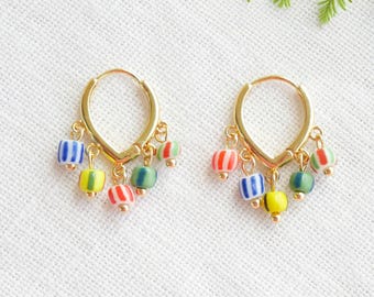 Colorful striped hoop earrings - bohemian summer style, fun cute hoops, dainty lightweight jewelry gift for her