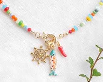 Rainbow front clasp necklace - Colorful fun rondelle glass bead jewelry, personalized gift for her with custom charms
