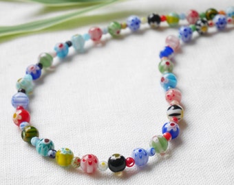 Millefiori necklace | Flower glass bead choker | Colorful glass beads jewelry | Multicolor beaded necklace gift for her | Summer accessory