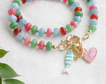 Gemstone custom charm necklace - Beaded natural stone personalized jewelry gift for her, spring ring carabiner choker, colorful summer style
