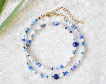 Lagoon blue and white beaded necklace | Colorful beads and pearls choker | Seed bead jewelry with real pearls | Nautical style birthday gift