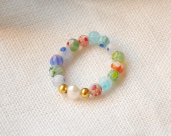 Millefiori pearl ring | Colorful stretch ring | Elastic beaded glass bead ring | Freshwater pearl and colorful beads with a stretch cord