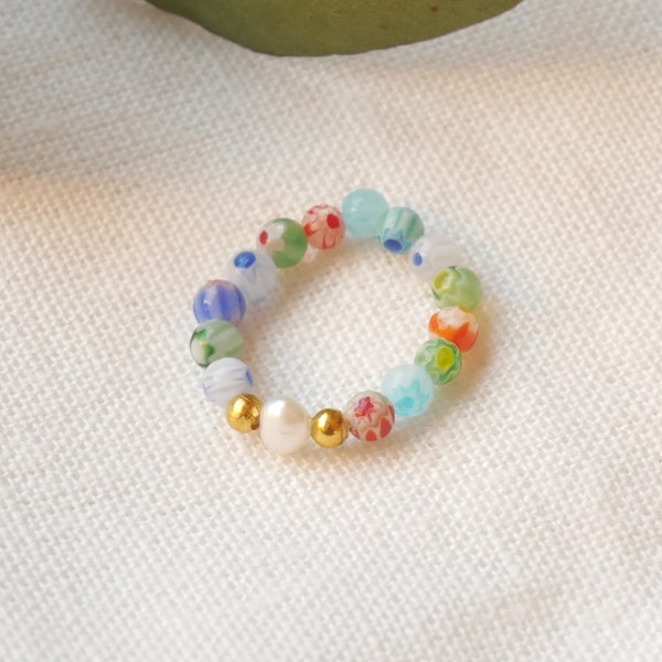 Millefiori pearl ring | Colorful stretch ring | Elastic beaded glass bead ring | Freshwater pearl and colorful beads with a stretch cord