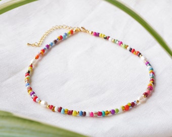 Colorful beaded necklace | Multicolor seed bead choker | Cute mixed glass beads and freshwater pearls jewelry | Handmade boho gift for her