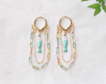 Fish dangle earrings - dainty chain hoops, tiny fish charm, adorable summer holiday gift for her