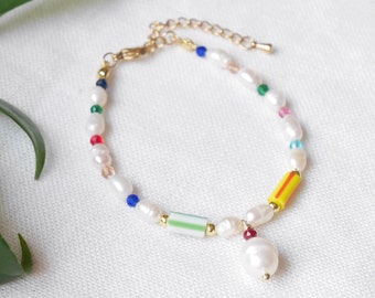 Striped beads bracelet | Mixed colors pearl charm bracelet | Colorful rainbow jewelry with tube beads and freshwater pearls gift for her