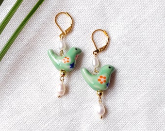 Green bird porcelain earrings | Colorful ceramic earrings | Cute animal drop earring with freshwater pearls | Dainty green gold earrings
