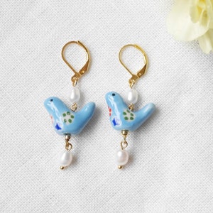 Blue porcelain bird earrings | Ceramic pearl earrings | Cute porcelain drop earrings with freshwater pearls | Unique quirky jewelry for her