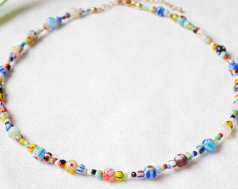 Millefiori seed bead necklace | Colorful glass bead choker | Happy summer beaded jewelry | Multicolor unisex necklace gift for him or her