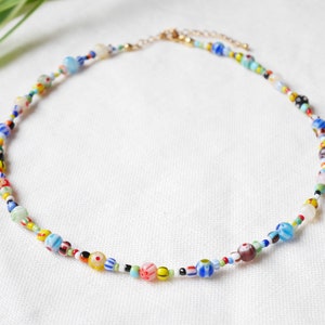 Millefiori seed bead necklace Colorful glass bead choker Happy summer beaded jewelry Multicolor unisex necklace gift for him or her image 1