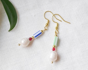 Striped beads earrings | Mismatched multicolor dangle earrings | Cute colors freshwater pearl jewelry | Minimalist multicolor gift idea