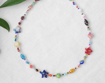 Mixed millefiori necklace | Colorful beaded choker | Floral multicolor glass bead jewelry with beads in different colors, shapes and sizes