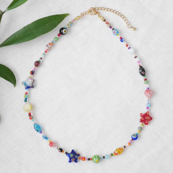 Mixed millefiori necklace | Colorful beaded choker | Floral multicolor glass bead jewelry with beads in different colors, shapes and sizes